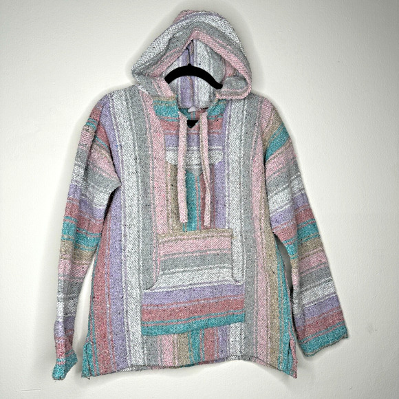Textiles San Jose Tops - San Jose Pink Aqua Stripe Pullover Long Sleeve Blanket Front Pocket Hoodie L